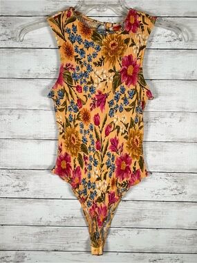 Farm Rio X Anthropologie Peach Floral Ribbed Cotton Bodysuit XL